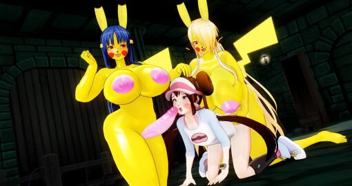 3d ass breasts cynthia_(pokemon) female futanari huge_ass huge_breasts human_to_pokemon intersex navel next_yucoru_s nipples penis pikachu pokemon rosa_(pokemon) sabrina_(pokemon) thick_thighs transformation wide_hips
