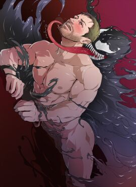 2boys abs absorption assimilation bara beard blonde_hair blush completely_nude denim eddie_brock evinist facial_hair feet_out_of_frame highres imminent_kiss interspecies jeans long_tongue lying male male_focus male_only marvel marvel_comics mature_male monster_boy multiple_boys multiple_males muscular muscular_male navel nipples nude on_stomach pants sharp_teeth short_hair slime_boy stomach teeth thick_thighs thighs tongue tongue_out venom_(marvel) yaoi