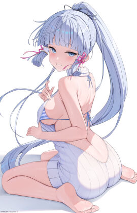 1girls absurd_res ass back_view bare_shoulders beauty_mark bikini blush breasts female female_only genshin_impact hair_ribbon half-closed_eyes kamisato_ayaka large_ass large_breasts looking_at_viewer mole_under_eye patreon_username rear_view rosumerii seductive seductive_look seductive_smile sideboob sitting soles striped_bikini thighs toes very_long_hair virgin_killer_sweater wariza
