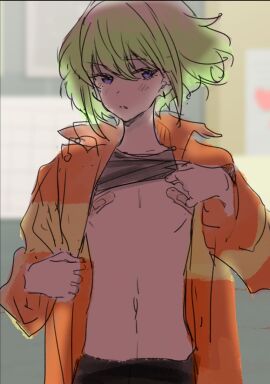 1boy androgynous bandaids_on_nipples clothed clothing femboy femboy_only jacket lio_fotia petite petite_body petite_male promare slim slim_waist solo twink