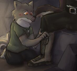 anthro balls balls_outline belt boots bottomwear bulge canid canine canis clothing detailed_bulge duo footwear genital_outline hi_res male male/male mammal pants penis penis_outline rhymeofstrophe shirt shoes sitting sitting_on_knees t-shirt tail tail_motion tailwag topwear undressing_another wolf