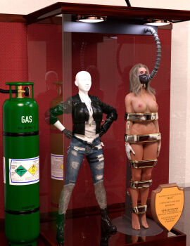 1girls 3d alt_cunningham blonde_hair bound bound_arms bound_legs completely_nude cyberpunk_2077 female female_only full_body mannequin nude nude_female solo thejpeger trophy_case unconscious unconscious_female