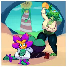 ass ass_up beach bent_over blue_eyes clothed eyes_covered female female_only flower freckles glasses hair_over_eyes imminent_penetration leanne_(mckeyes) lily_(mckeyes) mckeyes mega_sunflower_(pvz) plant plant_girl plantie plants_vs_zombies plants_vs_zombies_2:_it's_about_time pvz shrinking_violet shrinking_violet_(pvz) sunflower sunflower_(pvz) tongue tongue_out umbrella_leaf_(pvz)