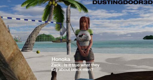 1boy 1girls 3d 3d_(artwork) beach blue_sky caption dark-skinned_male dark_skin dd3d dead_or_alive english english_text female honoka_(doa) male ocean outdoors outside palm_tree sand sea seaside sky tagme volleyball_net water zack_(dead_or_alive)