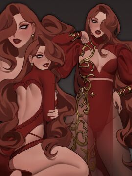 1boy artist_request back_view brown-haired_male brown_hair brunette brunette_hair dress earrings eros_(krow07) femboy feminine_male krow07 light-skinned_male light_skin lipstick long_hair male no_pupils original original_character red_lipstick solo solo_male white_eyes