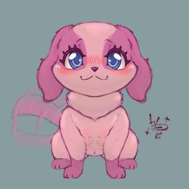 anthromate artist_logo bestiality blue_eyes blush blush_lines breasts busty_feral canid canine canis digital_media_(artwork) domestic_dog female feral floppy_ears fur hi_res logo looking_at_viewer mammal multi_breast multi_nipple multicolored_body multicolored_fur navel neck_tuft nipples pink_body pink_fur signature simple_background sitting solo syrah_(anthromate) tail tail_motion tailwag tuft two-tone_body two-tone_fur wolps