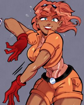 2025 abs anime_style belly big_breasts blue_eyes blush brown_skin character_name cleavage colored crimsoncoax crop_top dancing dark-skinned_female f-zero female freckles freckles_on_face futuristic_clothing gloves green_eyes hips lucy_liberty muscular_female nervous nervous_smile nervous_sweat orange_outfit ponytail pose red_gloves red_hair sfw short_hair shorts skin_fang smile solo sweating thick_legs thick_thighs video_games wide_hips