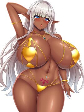 1girls action_taimanin arm_behind_head armpit big_breasts big_thighs bikini blush breasts busty cleavage dark-skinned_female dark_elf dark_skin eleonor_(taimanin_rpgx) elf elf_ears elf_female elf_girl female female_only gigantic_breasts gold_bikini huge_breasts huge_thighs large_breasts large_thighs long_hair massive_breasts navel pubic_tattoo revealing_clothes rough_(riferio) sideboob skimpy swimsuit taimanin_(series) taimanin_rpgx thick_thighs thighs very_long_hair voluptuous white_background white_hair
