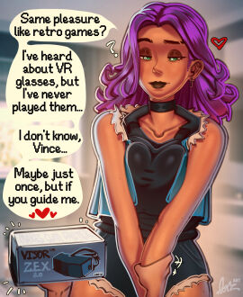 1boy 1girls abigail_(stardew_valley) arm_grab breasts clothed female female_focus forz_(artist) green_eyes male mature_female offscreen_character offscreen_male older_female older_female_and_younger_male purple_hair seductive seductive_look squeezing_breast stardew_valley vincent_(stardew_valley) violet_hair vr_headset younger_male