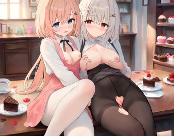 2girls absurdres black_dress black_pantyhose black_ribbon blonde_hair blue_eyes blush breasts breasts_out buttons cafe cake chocolate chocolate_cake closed_mouth cup day double-breasted dress food fruit grabbing_own_breast hair_ornament hairclip highres indoors large_breasts leg_up long_hair long_sleeves multiple_girls neck_ribbon nipples open_mouth original pantyhose parallel_hairclips pinafore_dress pink_dress plate pussy red_eyes ribbon shirt sitting sitting_on_table sleeveless sleeveless_dress small_breasts strawberry teacup torn_clothes torn_pantyhose uncensored white_hair white_pantyhose white_shirt window wing_collar zhuan_yan_ruyan
