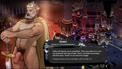 1boy abs bara beard belly cape connected_beard cowboy_shot crown dialogue_box english_text excessive_pubic_hair facial_hair flaccid foreskin full_beard greek_mythology grey_hair hades_(game) hades_(series) hades_2 hairy highres king large_pectorals looking_at_viewer male male_focus male_only male_pubic_hair mature_male minos_(mythology) muscular muscular_male naked_cape navel navel_hair nickie_charles nickiecharles nipples old old_male original parody pectorals penis planted planted_sword plump pubic_hair short_hair solo standing stomach sword thick_arm_hair thick_beard thick_chest_hair thick_leg_hair thick_navel_hair uncensored uncircumcised very_hairy weapon yaoi