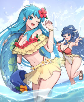 2girls absurd_res big_breasts bikini blue_eyes blue_hair blush bracelet braid breasts casual_one-piece_swimsuit cleavage commentary_request day eirika_(fire_emblem) eirika_(summer)_(fire_emblem) feet female fire_emblem fire_emblem:_the_sacred_stones fire_emblem_heroes flower gonzarez hair_flower hair_ornament high_res highleg highleg_bikini innertube jewelry long_hair looking_back medium_breasts multiple_females multiple_girls navel nintendo ocean off-shoulder_bikini off_shoulder official_alternate_costume one-piece_bikini one_eye_closed open_mouth outside pearl_bracelet red_bikini red_flower sandals see-through_clothes see-through_skirt skirt smile sparkle splashing standing standing_on_one_leg swim_ring swimsuit tana_(fire_emblem) tana_(summer)_(fire_emblem) teeth toes tongue twin_braids upper_teeth very_long_hair wading water yellow_bikini yellow_skirt