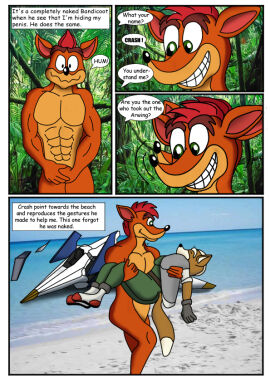2boys activision aircraft anthro anthro_only bandicoot beach black_nose canid canine ciel-wolf clothed clothing comic covering covering_crotch crash_(series) crash_bandicoot crossover duo forest fox fox_mccloud fur furry furry_male furry_only gay jungle male male/male male_only mammal marsupial nintendo nude orange_fur star_fox vehicle video_games