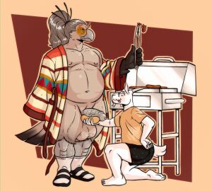 2024 angry anthro avian balls bara barbecue belly big_balls big_penis bird bodily_fluids bovid bovine caprine clothing cooking_tongs crayzee609 duo food footwear frustrated fur genital_fluids genitals goat gote_(crayzee609) grill grilling hi_res hot_dog_bun kitchen_utensils male male/male mammal mature_male meat mostly_nude musclegut muscular original original_character original_characters overweight overweight_male penis precum robe saggy_balls sandals sausage shoes siegfried_(nightfaux) socks socks_with_sandals striped_genitalia striped_penis stripes teasing thick_thighs tongs tongue tongue_out tools white_body white_fur yaoi