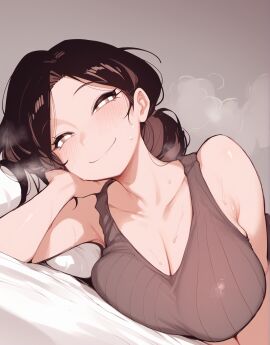 1girls big_breasts black_hair blush breasts curvy female female_only flushed hair_bun heat high_resolution highres karasu_raven_(style) looking_at_viewer lying lying_on_bed milf mommy original original_character pov pov_eye_contact seductive seductive_look seductive_smile smile solo steam sweat tank_top whinyzza