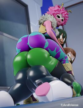 2d 3d 3girls ass big_ass blender boku_no_hero_academia brown_hair clothed cybrokrimson female footwear full_color fully_clothed green_hair hero_outfit_(mha) horns layer_cake looking_back mina_ashido my_hero_academia no_penetration pink-skinned_female pink_hair pink_skin stacked stacking superheroine thick thick_ass thick_butt thick_legs thick_thighs tsuyu_asui uraraka_ochako