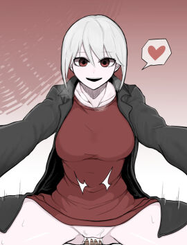 1boy 1girls bar_censor black_coat bob_cut breasts censor_bar censored censored_penis coat collarbone cowgirl_position female heart heart_111_(yuri) kagemono_(inte_18) large_breasts male mv_character open_coat penetration penis pussy red_background red_eyes red_shirt riding sex short_hair speech_bubble spoken_heart straight vagina vaginal_penetration vaginal_sex white_hair