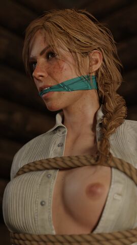 1girls 3d accurate_art_style arms_behind_back blonde_female blonde_hair bondage bound bound_arms breasts cowgirl cowgirl_(western) domination female female_only femsub freckles gag gagged medium_breasts open_shirt red_dead_redemption_(series) red_dead_redemption_2 rindekey rope rope_bondage sadie_adler sitting slave slave_raid small_breasts solo solo_female tied tied_up video_games western wild_west