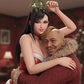ai_generated christmas christmas_outfit couple couple_(romantic) don_corneo final_fantasy final_fantasy_vii final_fantasy_vii_remake kissing mistletoe tagme tifa_lockhart video