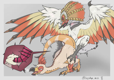absurd_res aknosom avian beak bird_wyvern blush bodily_fluids capcom censored claws cum cum_inside cum_on_ground duo erection feral feral_on_feral feral_penetrated feral_penetrating feral_penetrating_feral genital_fluids genitals hi_res internal keyshop_miss kulu-ya-ku male male/male male_penetrated male_penetrating male_penetrating_male monster_hunter penetration penis sex simple_background smile wings
