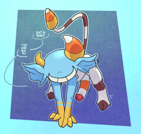 all_fours argon_vile ass ass_up blue_body candevil candy candy_corn_pattern cassette_beasts dessert english_text erection eyeless food food_creature genitals grin hi_res hooves horn living_candy long_penis male penis pose smile solo striped_body stripes text what