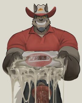 1boy 2024 anthro bara big_muscles biped black_eyes bodily_fluids canid canine canis cum cum_in_mouth cum_inside cum_on_food cum_on_pizza cum_pizza cum_string delivery_(commerce) drinking drinking_cum excessive_cum food_delivery fur genital_fluids grey_body grey_fur hi_res kenkudog looking_at_viewer male mammal muscles muscular muscular_anthro muscular_male pizza_delivery solo solo_anthro solo_focus solo_male thick_cum wolf yaoi yellow_sclera zack_(kenkudog)