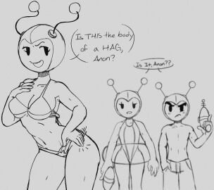 1boy 2girls alien antennae ass belly bikini bra breasts female hips male nebula_(naq) nebula_and_quasar nova_(naq) quasar_(naq) showing_off space_gun swimsuit thick_thighs