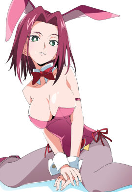 ass_visible_through_thighs bare_arms bare_shoulders big_breasts breasts bunny_ears bunnysuit cleavage code_geass detached_collar female green_eyes grey_pantyhose ixy kallen_stadtfeld leotard medium_hair pantyhose parted_lips pink_leotard red_hair shiny_skin sitting smile thighs wrist_cuffs
