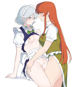1futa 1girls apron areolae ass blue_eyes blush bow braid breasts censored china_dress chinese_clothes clothed clothing dress duo erection female futa_on_female futa_with_female futanari green_bow grey_hair highres hong_meiling human intersex large_breasts light-skinned_female light-skinned_futa light_skin long_hair maid maid_apron maid_headdress mostly_clothed nipples open_mouth penis protected_link pussy red_hair ribbon sakuya_izayoi sarukana sex short_hair standing touhou twin_braids vaginal_penetration waist_apron