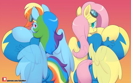anthro back_view big_breasts breasts busty clop clothes female fluttershy_(mlp) friendship_is_magic fullcolor gatonori gatotorii giant_boobs glasses goggles half_body huge_breasts my_little_pony norithecat pony rainbow_dash_(mlp) wings