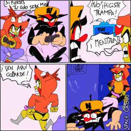 1boy 1girls 4koma annie_bell antonball_deluxe antonblast comic_panel cosplay crash_(series) dynamite_anton female green_skin hi_res male pegging penis red_body spacecrow spanish_text speech_bubble strap-on strapon