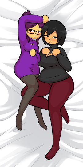 2girls ava_(gazoogaloo) beauty_mark black_eyes black_hair black_sweater burgundy_pants clothed diddlesdoodles female glasses hattie_(diddlesdoodles) laying_down laying_on_bed mii nintendo oc purple_eyes purple_hair purple_sweater stocking stockings sweater turtleneck turtleneck_sweater yuri