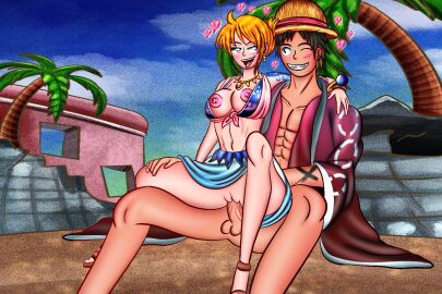 1boy 1girls alabasta arabasta_saga balls big_breasts big_penis black_hair breasts breasts_out brown_eyes clothing couple curvy dancer dancer_outfit dress dress_lift female flores harem_outfit heart looking_at_another male monkey_d_luffy nami_(one_piece) nipples no_panties one_piece orange_hair outdoors partially_clothed penis pillow_shading pleasure_face pre-timeskip pussy riding riding_penis sex short_hair straight thick_thighs vaginal_penetration wholesome
