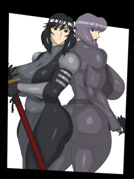 2girls ass back bodysuit breasts curvy female ghost_in_the_shell huge_ass huge_breasts infinite_stratos kusanagi_motoko orimura_chifuyu plump sword thick_thighs weapon wide_hips 鮭延