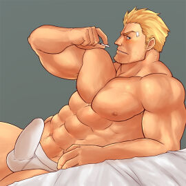 1boy abs balls bandaid bandaid_on_face bara bare_pectorals beard_stubble biceps blonde_hair blush bulge cid_highwind cigarette commentary_request covered_balls erection erection_under_clothes facial_hair final_fantasy final_fantasy_vii holding holding_cigarette lying magnum_feering male male_focus male_underwear muscular muscular_male navel nipples on_bed on_side pectorals stubble swept_bangs underwear white_male_underwear yaoi