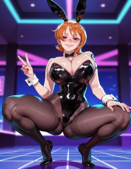 ai_generated ai_video animal_ears animated animation balecxi bare_shoulders black_footwear black_leotard blush bounce bouncing bouncing_breasts breasts club fake_animal_ears female highleg highleg_leotard jiggle jiggle_physics jiggling_breasts kling_ai large_breasts looking_at_viewer nami_(one_piece) one_piece open_mouth orange_hair pantyhose playboy_bunny rabbit_ears shiny_skin short_hair shoulder_tattoo smile solo spread_legs squatting stay_blocky strapless_leotard stripper_pole tagme thigh_strap thighs tongue video