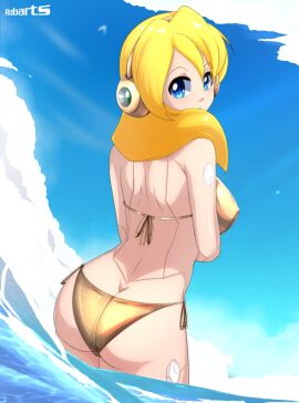 1girls alia ass big_ass big_breasts blonde_hair blue_eyes breasts female gold_bikini mega_man mega_man_x mega_man_x_dive robarts_hallway robot_girl