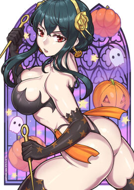 1girls 2d abstract_background ass assassin big_breasts black_hair breasts cleavage earrings female female_human female_only ghost halloween halloween_costume halloween_theme headband human jack-o'-lantern light-skinned_female light_skin long_hair looking_at_viewer mature_female mostly_nude pale-skinned_female pale_skin panties patreon patreon_username red_eyes redjet shiny_skin slim_waist solo spy_x_family stars tagme thick_thighs thighhighs thong thorn_princess unique_hair watermark yor_briar yor_forger