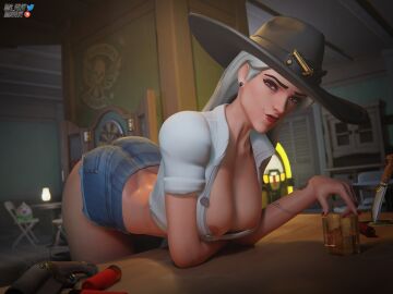 1girls 3d 3d_(artwork) albino alternate_costume areola_slip areolae arm_tattoo ashe_(overwatch) ass bent_over big_breasts breasts cleavage cowboy_hat cutoffs denim_shorts downblouse eyeshadow hasfeldt large_breasts long_hair makeup mole mole_above_mouth no_bra overwatch overwatch_2 painted_nails red_eyes red_nails short_shorts shotgun shotgun_shell solo tattoo unbuttoned unbuttoned_shirt whiskey white_hair