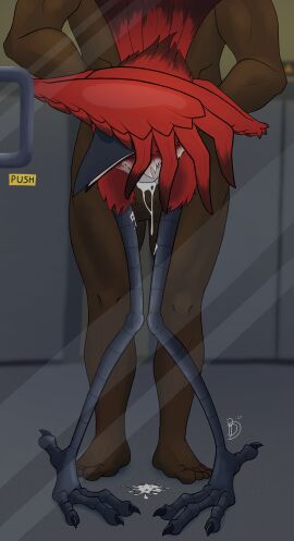 absurd_res against_surface ambiguous_gender ambiguous_penetration anthro avian avian_feet balls beak birbdrain bird bodily_fluids cardinal_(bird) covering covering_face cum cum_on_ground cum_on_leg cum_string digital_drawing_(artwork) digital_media_(artwork) duo feather_hands feathers fluffy fluffy_chest from_behind_position genital_fluids genitals hi_res human leaking_cum leaning_on_window looking_pleasured male male/ambiguous mammal on_glass on_surface open_beak open_mouth oscine passerine penetration penile penile_penetration pigeon_toed red_body sex