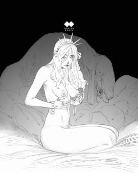 artist_logo artist_name bead_bracelet beads black_background blush bracelet breasts closed_mouth completely_nude female female_pubic_hair fingernails forehead_jewel from_side full_body godiva_ghoul greyscale hair_over_shoulder hairband hands_on_own_breasts hands_up highres jewelry knees lazy_eye lips long_fingernails long_hair looking_at_viewer medium_breasts mole mole_on_breast monochrome monster multiple_moles multiple_rings navel nipples nose nude original parted_bangs pillow pubic_hair puffy_nipples ring sagging_breasts seiza sharp_fingernails simple_background sitting solo spiked_hairband spikes stomach thighs