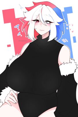 1girls big_breasts blue_hair breasts clothing female female_only heterochromia imnotshiira_(artist) light-skinned_female light_skin original original_character red_hair shiirano simple_background solo tagme thick_thighs voluptuous white_hair