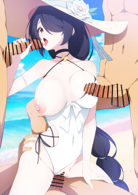 3boys absurdres beach black_hair blue_archive blue_sky blush braid braided_ponytail breasts casual_one-piece_swimsuit censored clothing_cutout cloud commission criss-cross_halter day female flower gangbang group_sex hair_over_one_eye halo halterneck handjob hat hat_flower highres hinata_(blue_archive) hinata_(swimsuit)_(blue_archive) horizon large_breasts layered_swimsuit long_hair male multiple_boys multiple_males netorare nipples ocean official_alternate_costume one-piece_swimsuit one_breast_out one_eye_covered outdoors penis pussy red_eyes sand sex shiny_skin side_cutout skeb_commission sky solo_focus straight sun_hat swimsuit tongue tongue_out vaginal_penetration very_long_hair water white_one-piece_swimsuit yu-ta