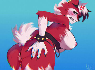 angry big_breasts breasts female furry lycanroc pokemon pussy pussy_juice red_body red_eyes