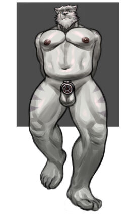 2025 5:8 anthro balls biceps blue_eyes bodily_fluids calf_muscles chastity_cage chastity_cage_only chastity_device chastity_device_only deltoids djtaka facial_tuft feet felid flat_chastity_cage front_view genitals grey_background hands_behind_back hi_res looking_at_viewer low-angle_view male mammal metal_chastity_cage muscles muscular muscular_legs muscular_sub muscular_thighs navel nervous nervous_sweat nipples nude pantherine pecs simple_background slightly_chubby solo submissive sweat tiger triceps tuft wearing_chastity_cage wearing_chastity_device