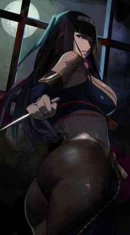 1girls alternate_costume ass big_breasts black_hair blunt_bangs bodystocking breasts brown_eyes clothing_cutout female fire_emblem fire_emblem_awakening fire_emblem_heroes fishnets forehead_protector from_behind indoors j@ck japanese_clothes knife kunoichi large_breasts looking_back moon night ninja nintendo official_alternate_costume sideboob solo tharja_(fire_emblem) tharja_(ninja)_(fire_emblem) thick_thighs thighs two_side_up weapon