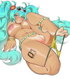absurdres alternately_painted_toenails anklet aqua_hair bare_legs barefoot bead_anklet bead_choker belly_chain bikini bikini_bottom_only bikini_tan blue_eyes blush bracelet brazil brazilian brazilian_female brazilian_miku breasts dark-skinned_female dark_skin earrings eyewear_on_head feet female flower foot_up full_body gold_earrings green_nails hair_flower hair_ornament haruse hatsune_miku highres holding_with_feet inverted_nipples jewelry large_areolae large_breasts light-skinned_soles light_skin long_hair looking_at_viewer multiple_bracelets nail_polish navel nude plump_labia plump_pussy pussy pussy_juice pussy_juice_trail rectangular_earrings smile solo solo_focus sunglasses suntan swimsuit tan tanline tanlines tanned tanned_body tanned_female tanned_futa tanned_skin tattoo thighs toenail_polish toenails toes twintails two_colored_toenails uncensored undressing vocaloid white-framed_eyewear white_background yellow_nails