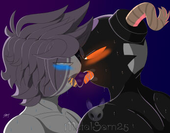 2boys black_body blue_blush blush blushing_profusely bomb_humanoid eyepatch face_markings friday_night_funkin gay grey_hair kissing making_out male male_only messy_hair metalsam25 more_at_source muscular muscular_male no_sex object_head orange_blush orange_eyes pecs purple_background ruv_(friday_night_funkin) saliva saliva_string simple_background sweat tagme white_body white_eyes whitty_(friday_night_funkin) yaoi