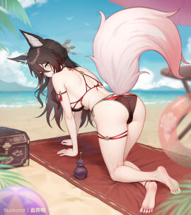 all_fours alternate_costume animal_ears ass ball_(object) barefoot beach beach_mat beachball bikini blue_sky brown_bikini brown_hair chinese_commentary cloud cloudy_sky commentary_request crossed_ankles female fox_ears fox_girl fox_tail from_behind fugue_(honkai:_star_rail) hair_ornament highres honkai:_star_rail honkai_(series) looking_at_viewer looking_back mountainous_horizon outdoors paid_reward_available partial_commentary sky swimsuit tail tingyun_(honkai:_star_rail) treasure_chest yellow_eyes yunkaiming