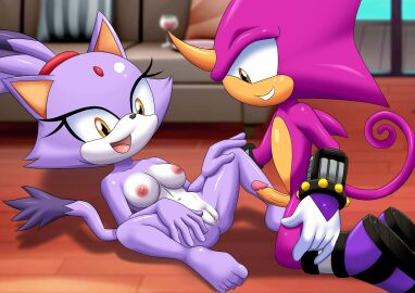 1boy 1girls anthro ass barefoot bbmbbf blaze_the_cat breasts espio_the_chameleon female male male/female mobian_(species) mobius_unleashed navel nipples nude open_mouth palcomix penis pussy sega sonic_(series) sonic_the_hedgehog_(series) teeth tongue